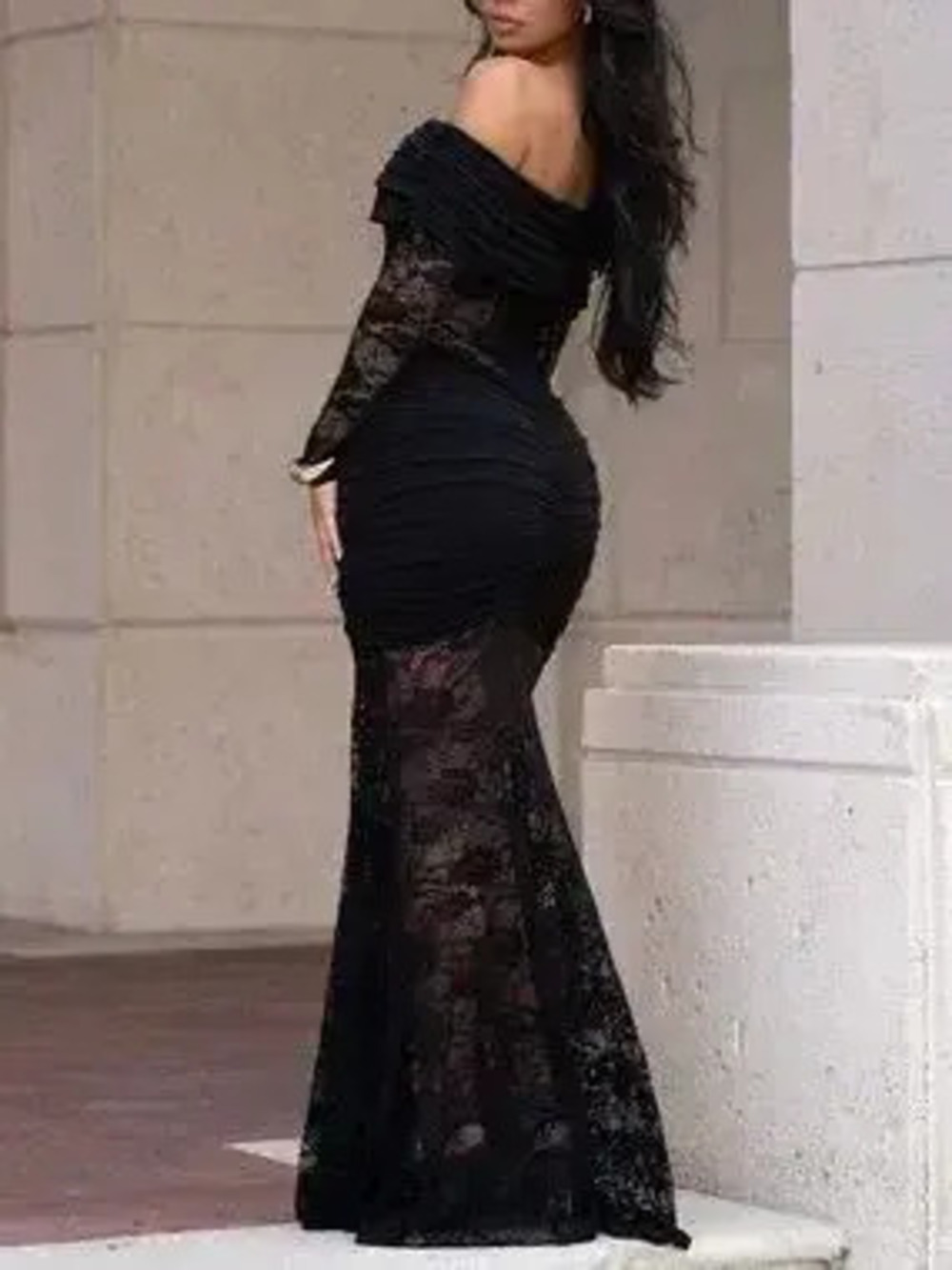 Off-Shoulder Ruched Lace Mermaid Maxi Dress - Picture 7 of 10